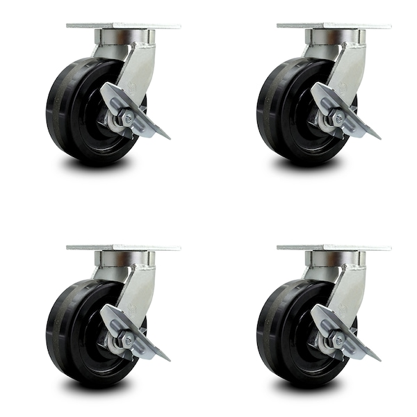8 Inch Extra Heavy Duty Phenolic Wheel Swivel Caster Set with Brakes SCC, 4PK